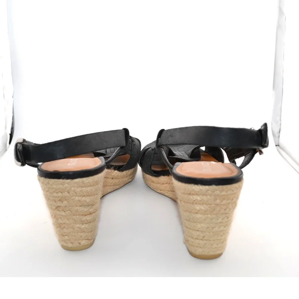 Franco Sarto Wedge Sandals Women 8 Black Espadrille Leather Women‎ Peep Toe